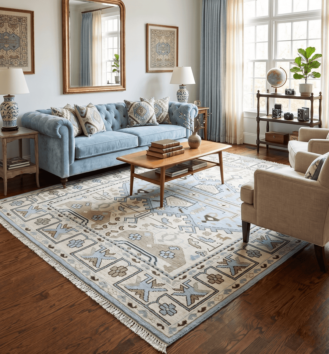 Antique Ivory and Blue Traditional Hand Knotted 8x10 Wool Area Rug - The Rug Decor
