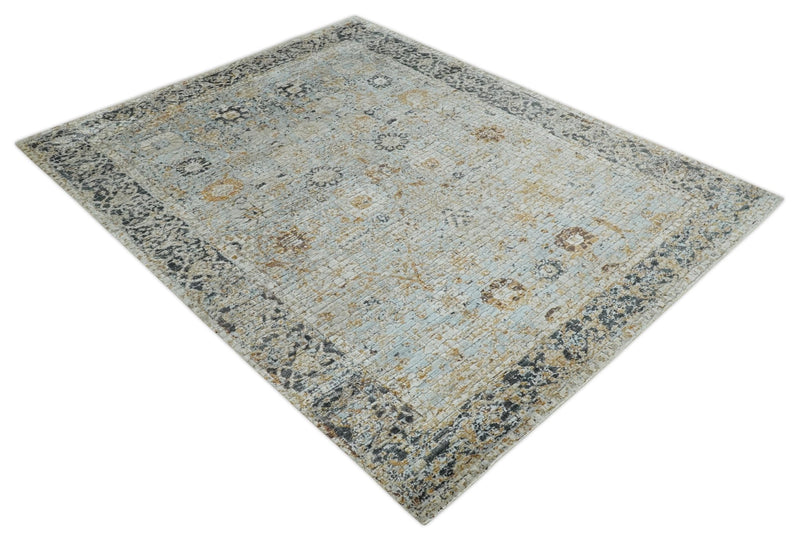 Antique look Aqua, Gold and Charcoal Hand Knotted Carved Texture Traditional Oriental Oushak 8x10 wool Area Rug - The Rug Decor