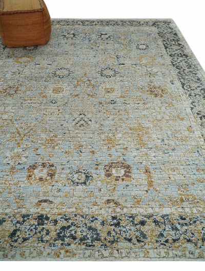 Antique look Aqua, Gold and Charcoal Hand Knotted Carved Texture Traditional Oriental Oushak 8x10 wool Area Rug - The Rug Decor