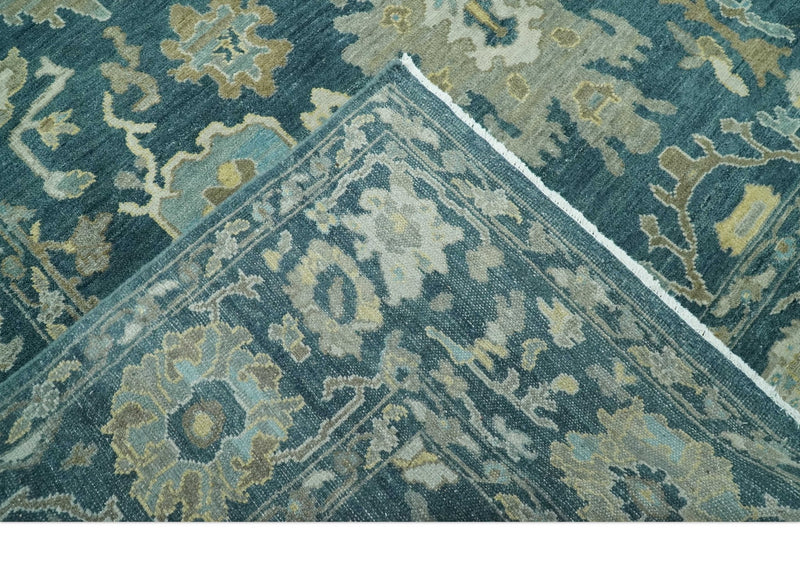 Antique look Blue, Ivory and Olive Hand Knotted Traditional Oushak wool rug - The Rug Decor