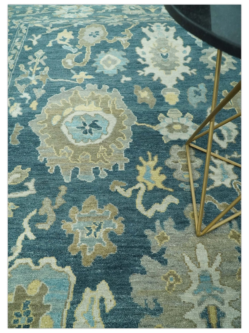 Antique look Blue, Ivory and Olive Hand Knotted Traditional Oushak wool rug - The Rug Decor