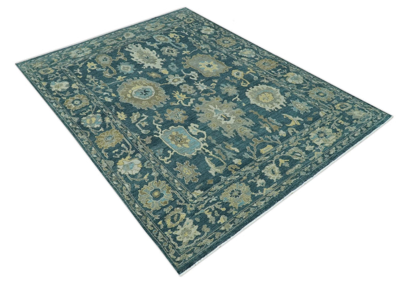 Antique look Blue, Ivory and Olive Hand Knotted Traditional Oushak wool rug - The Rug Decor