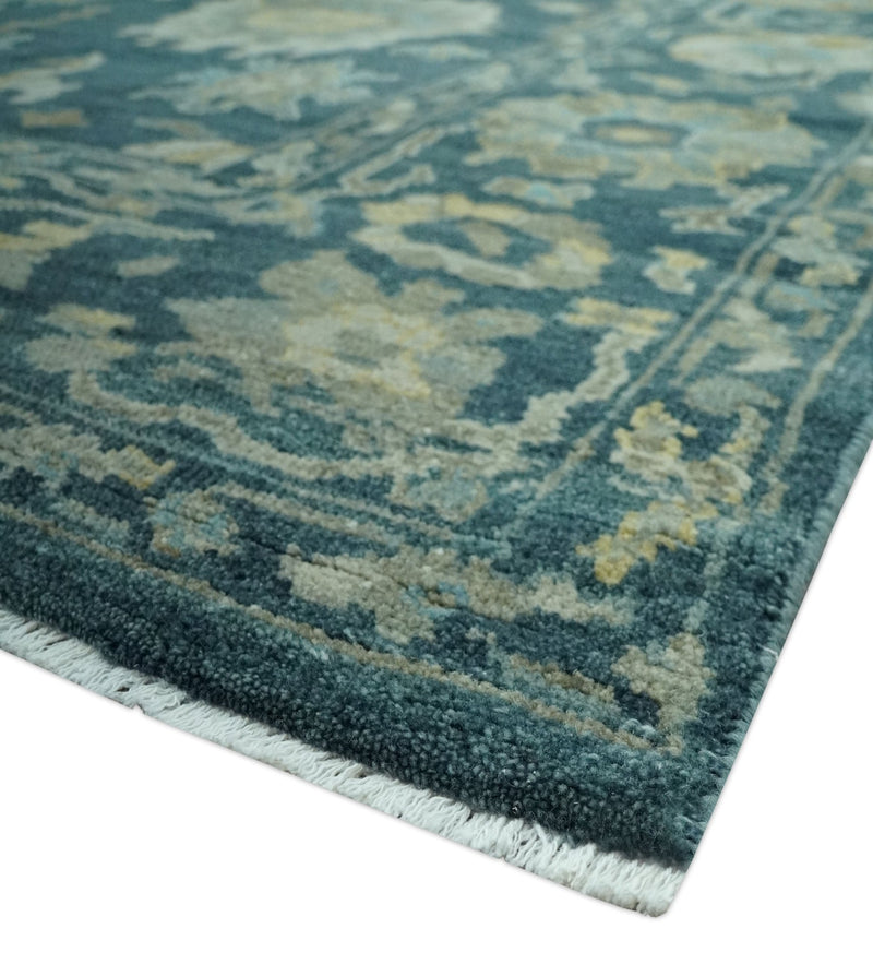 Antique look Blue, Ivory and Olive Hand Knotted Traditional Oushak wool rug - The Rug Decor