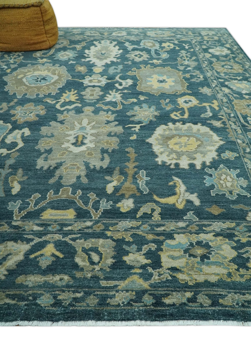 Antique look Blue, Ivory and Olive Hand Knotted Traditional Oushak wool rug - The Rug Decor