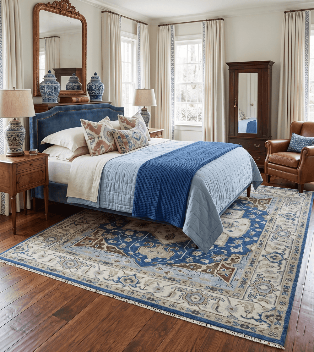 Antique look Blue, Ivory and Olive Traditional Heriz Medallion Multi Size wool Area Rug - The Rug Decor