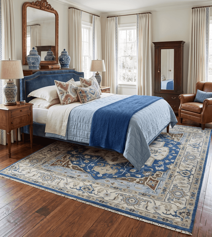 Antique look Blue, Ivory and Olive Traditional Heriz Medallion Multi Size wool Area Rug - The Rug Decor