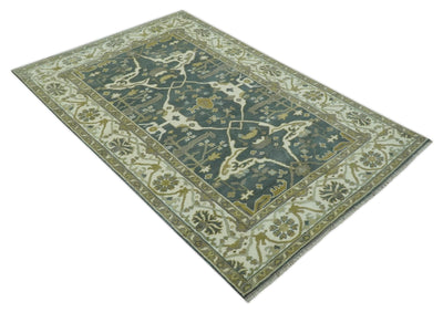 Antique look Charcoal, Ivory and Olive 6x9 Hand Knotted Traditional Oriental Oushak wool rug - The Rug Decor