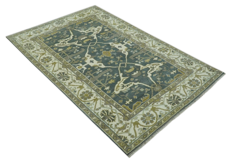 Antique look Charcoal, Ivory and Olive 6x9 Hand Knotted Traditional Oriental Oushak wool rug - The Rug Decor