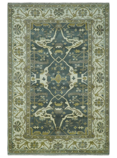 Antique look Charcoal, Ivory and Olive 6x9 Hand Knotted Traditional Oriental Oushak wool rug - The Rug Decor