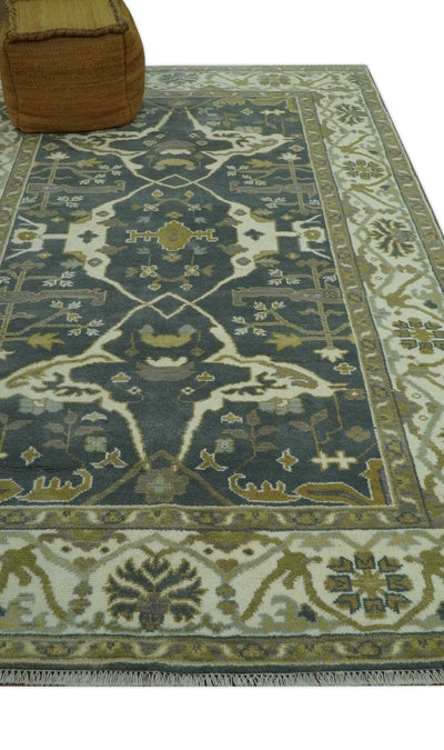 Antique look Charcoal, Ivory and Olive 6x9 Hand Knotted Traditional Oriental Oushak wool rug - The Rug Decor