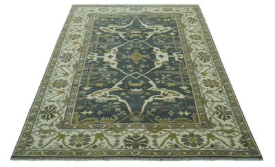 Antique look Charcoal, Ivory and Olive 6x9 Hand Knotted Traditional Oriental Oushak wool rug - The Rug Decor