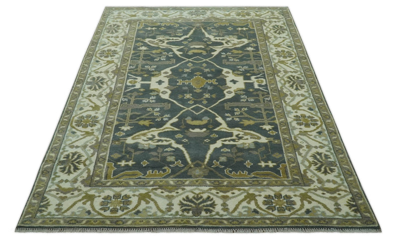 Antique look Charcoal, Ivory and Olive 6x9 Hand Knotted Traditional Oriental Oushak wool rug - The Rug Decor