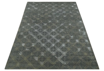 Antique look Charcoal, Ivory and Olive Geometrical Stripes Pattern Hand knotted 6x9 wool and Art Silk Area Rug - The Rug Decor