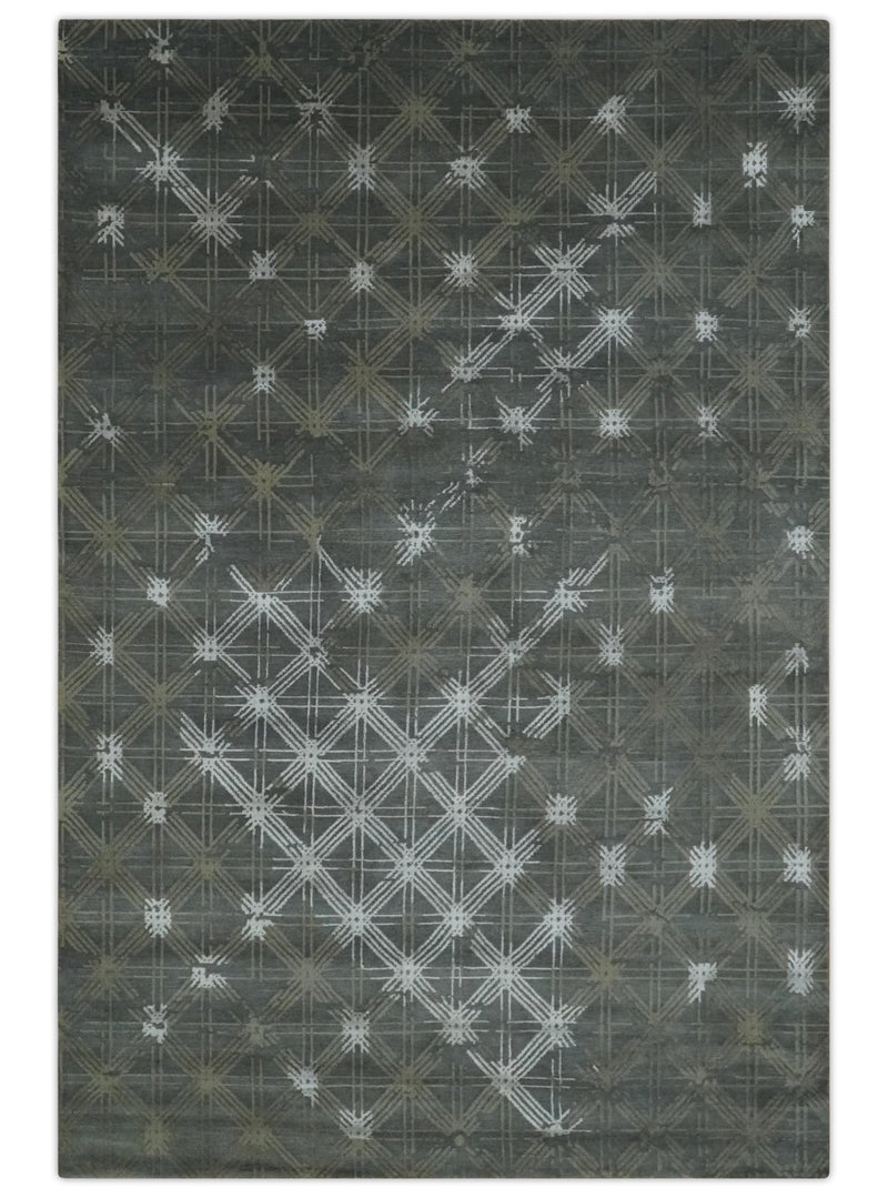 Antique look Charcoal, Ivory and Olive Geometrical Stripes Pattern Hand knotted 6x9 wool and Art Silk Area Rug - The Rug Decor