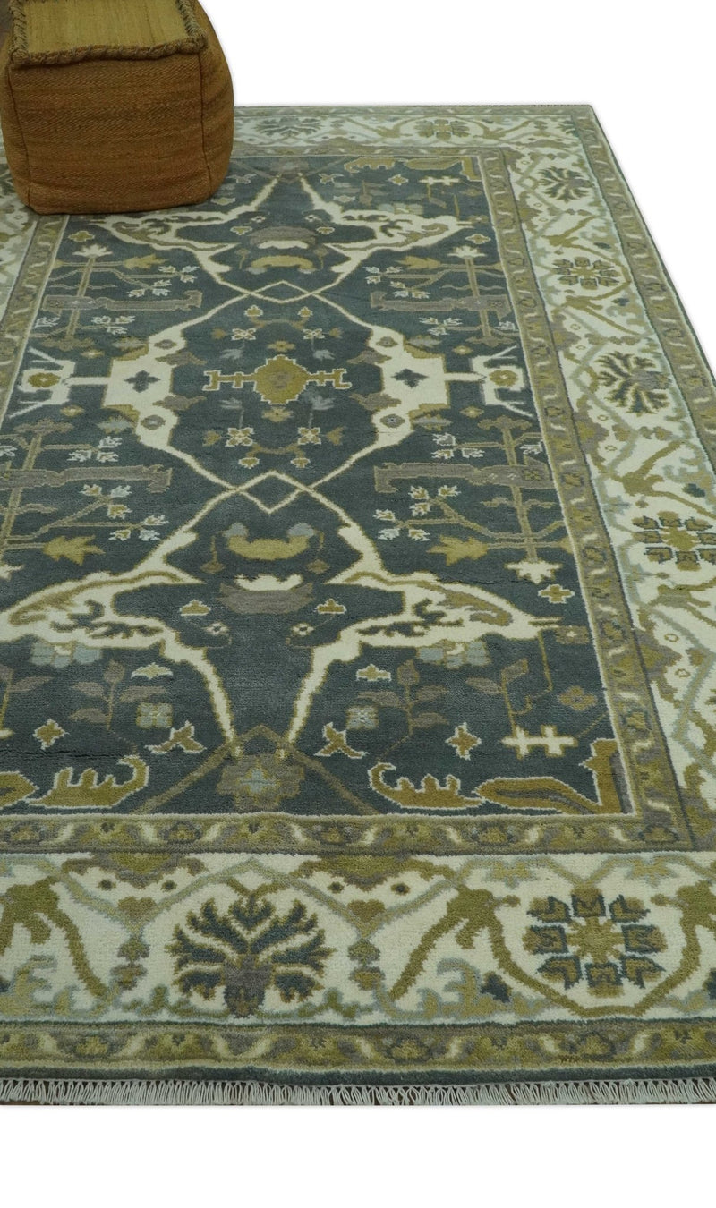 Antique look Charcoal, Ivory and Olive Hand Knotted Traditional Oriental Oushak wool rug - The Rug Decor