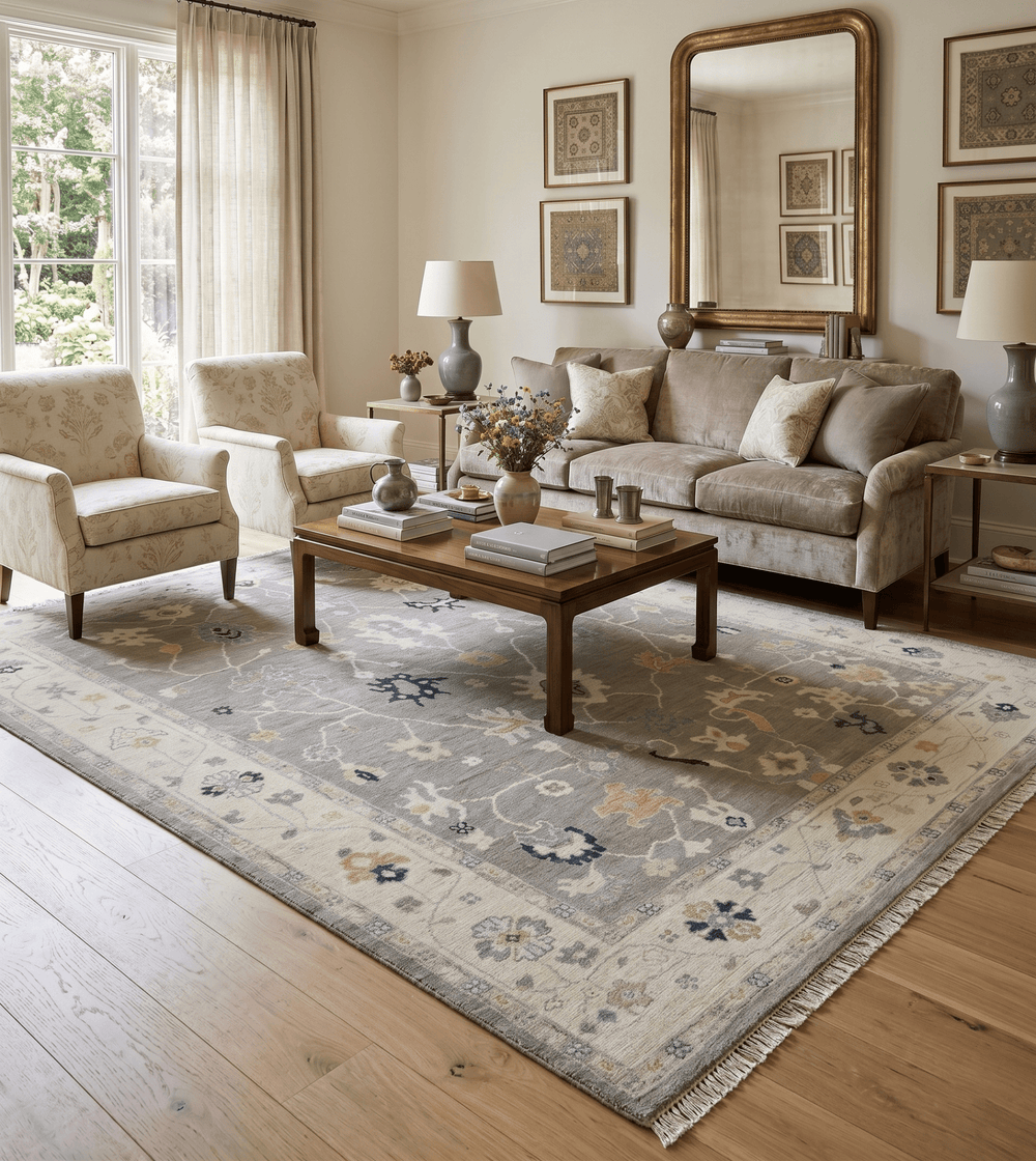 Antique look Gray and Beige Traditional Oushak Custom Made Wool Area Rug - The Rug Decor
