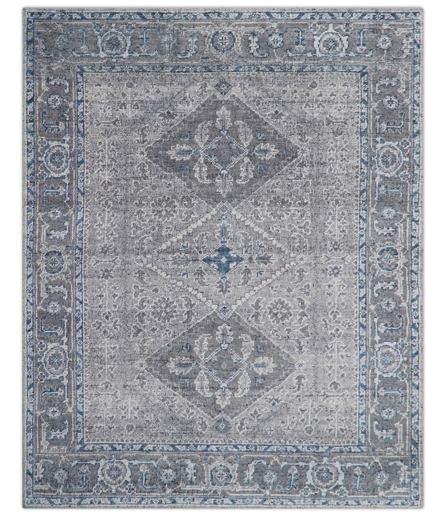 Antique Look Hand Knotted 8x10 Traditional Gray And Blue Wool Area Rug - The Rug Decor