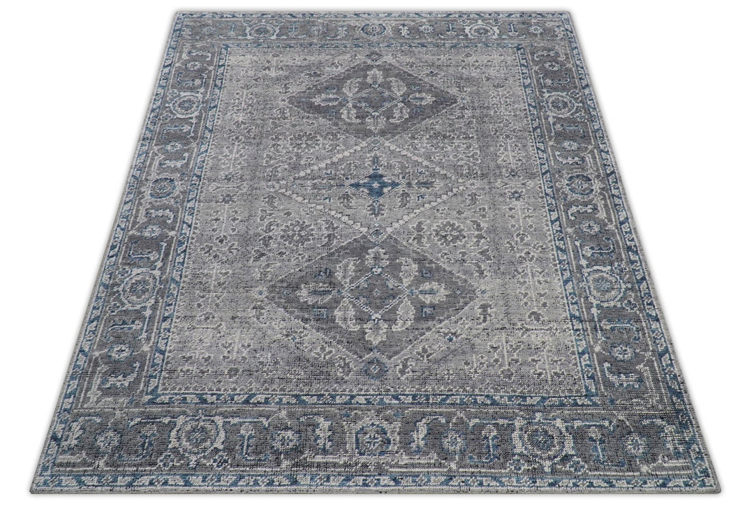 Antique Look Hand Knotted 8x10 Traditional Gray And Blue Wool Area Rug - The Rug Decor