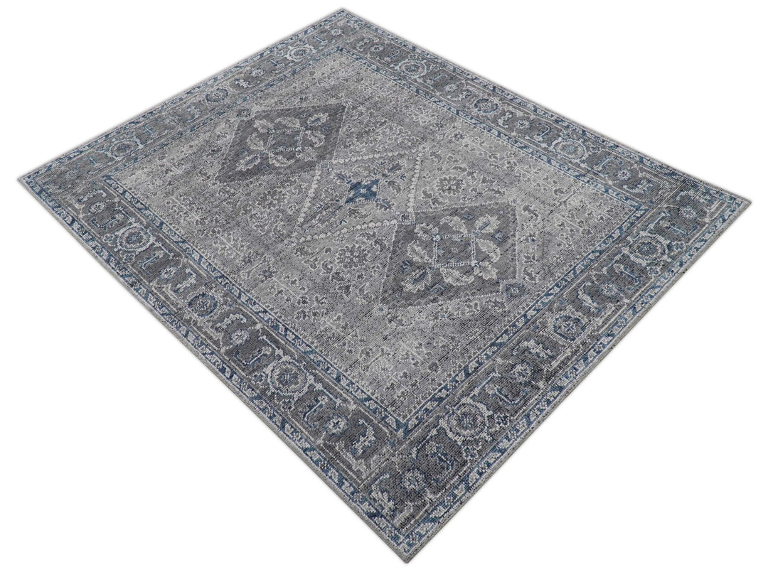 Antique Look Hand Knotted 8x10 Traditional Gray And Blue Wool Area Rug - The Rug Decor