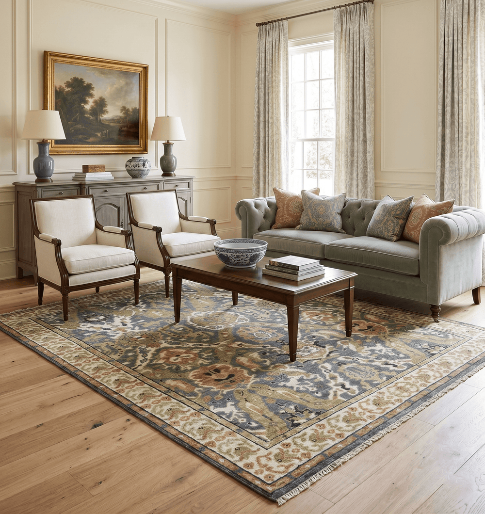 Antique look Hand knotted Green and Gray Traditional Large design wool Area Rug - The Rug Decor