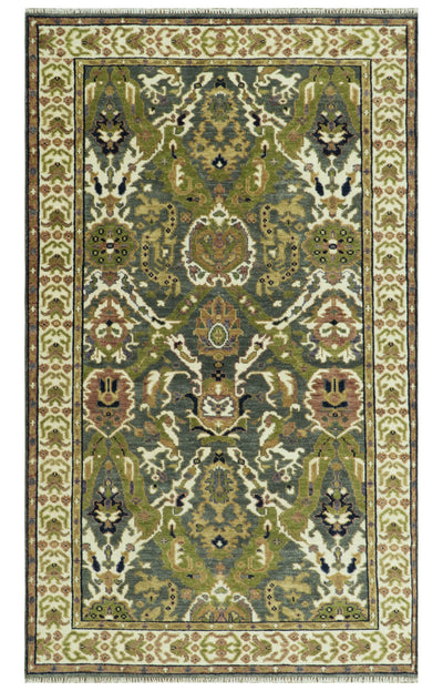 Antique look Hand knotted Green, Ivory and Gray Traditional Large design Multi Size wool Area Rug - The Rug Decor