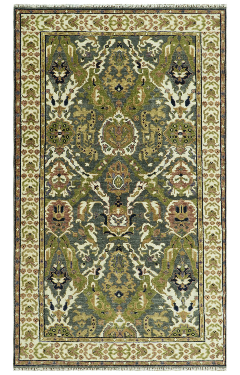 Antique look Hand knotted Green, Ivory and Gray Traditional Large design Multi Size wool Area Rug - The Rug Decor