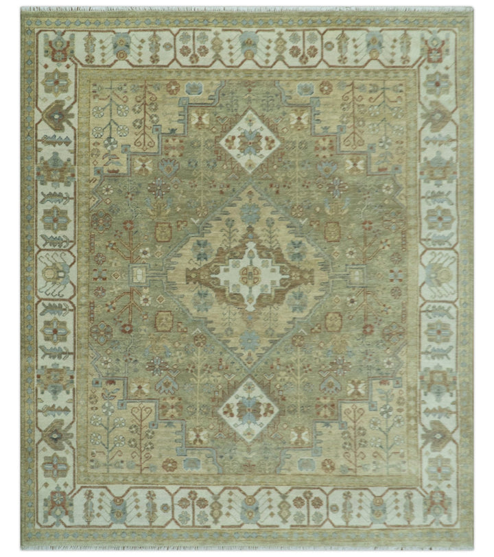 Antique Look Hand Knotted Medallion Olive and Ivory Vintage Style Wool Rug - The Rug Decor