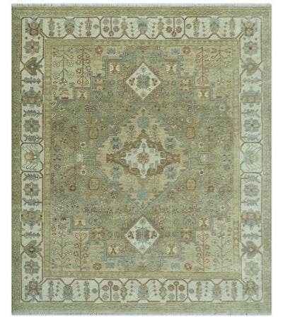 Antique Look Hand Knotted Medallion Olive and Ivory Vintage Style Wool Rug - The Rug Decor