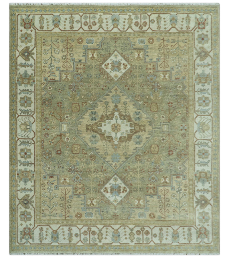 Antique Look Hand Knotted Medallion Olive and Ivory Vintage Style Wool Rug - The Rug Decor