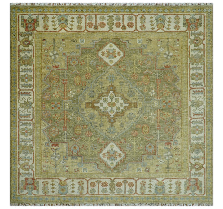 Antique Look Hand Knotted Medallion Olive and Ivory Vintage Style Wool Rug - The Rug Decor