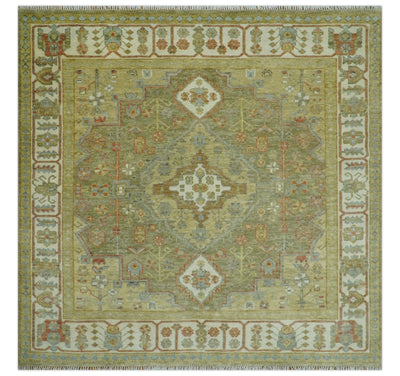 Antique Look Hand Knotted Medallion Olive and Ivory Vintage Style Wool Rug - The Rug Decor