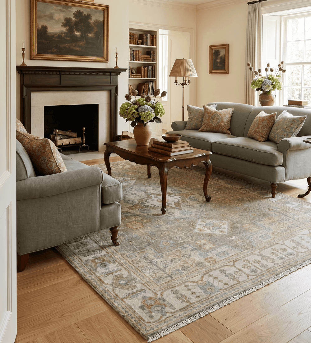 Antique Look Hand Knotted Medallion Olive and Ivory Vintage Style Wool Rug - The Rug Decor