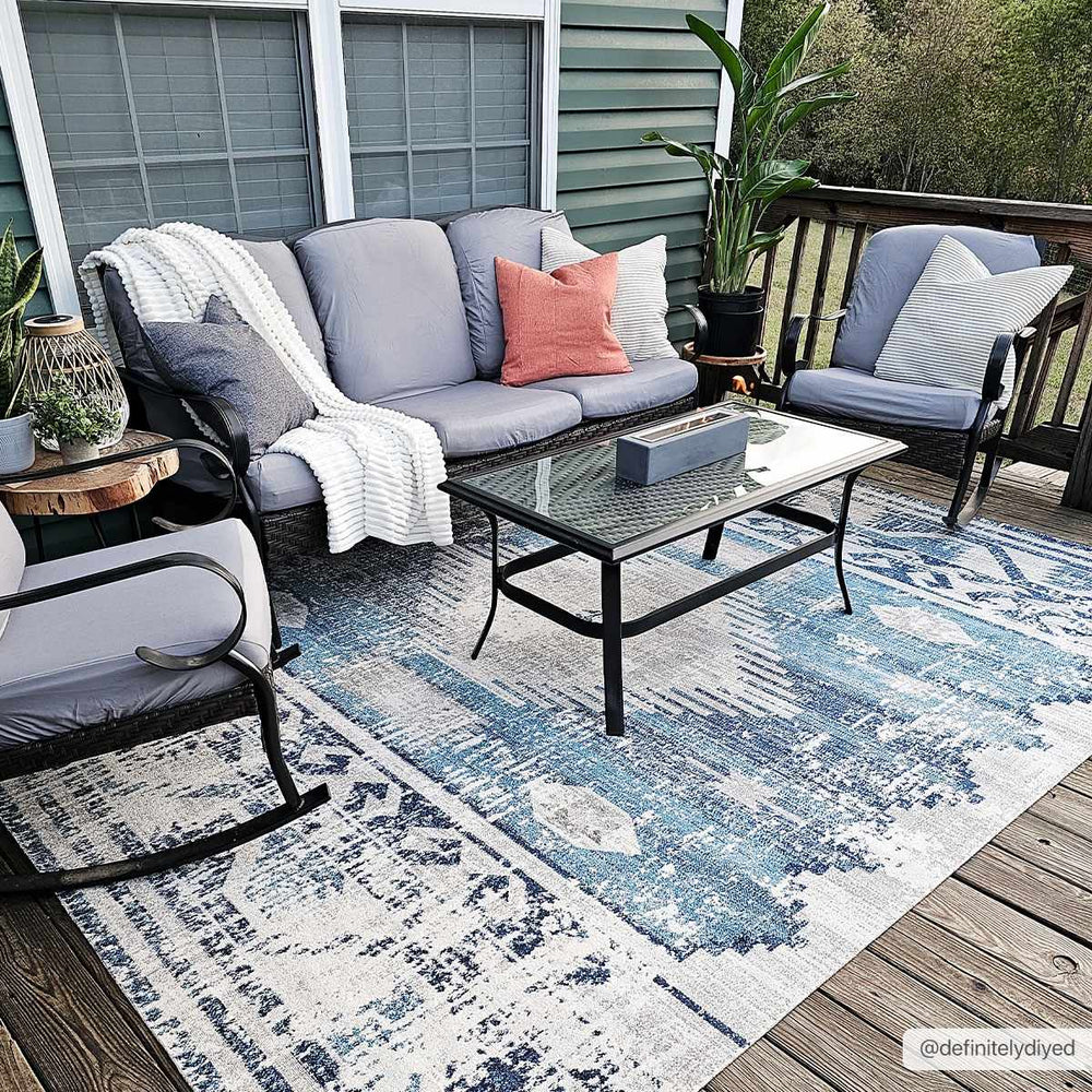 Antique look Ivory and Blue Mamluk Design Outdoor safe Rug - The Rug Decor