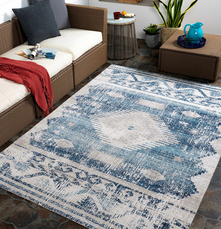 Antique look Ivory and Blue Mamluk Design Outdoor safe Rug - The Rug Decor