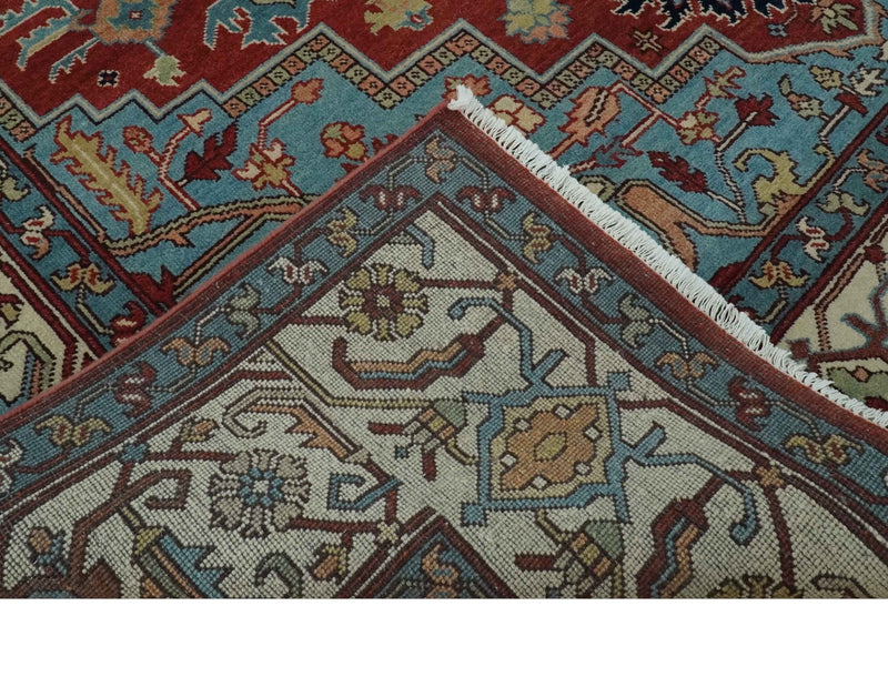 Antique look Rust, Aqua and Ivory Traditional Heriz 9x12 Hand Knotted wool area rug - The Rug Decor