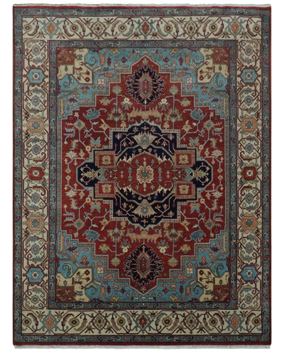 Antique look Rust, Aqua and Ivory Traditional Heriz 9x12 Hand Knotted wool area rug - The Rug Decor