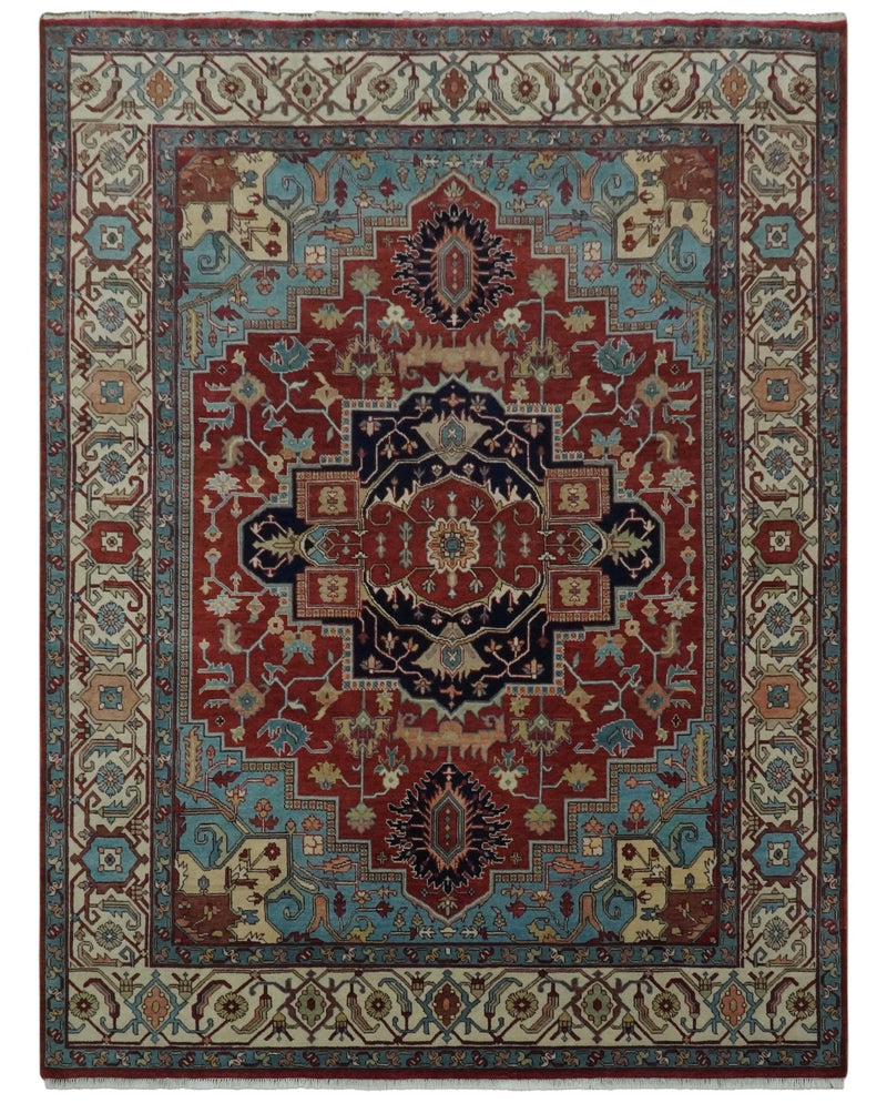 Antique look Rust, Aqua and Ivory Traditional Heriz 9x12 Hand Knotted wool area rug - The Rug Decor