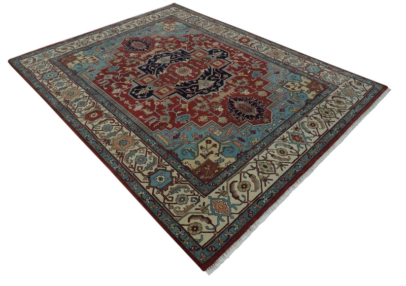 Antique look Rust, Aqua and Ivory Traditional Heriz 9x12 Hand Knotted wool area rug - The Rug Decor