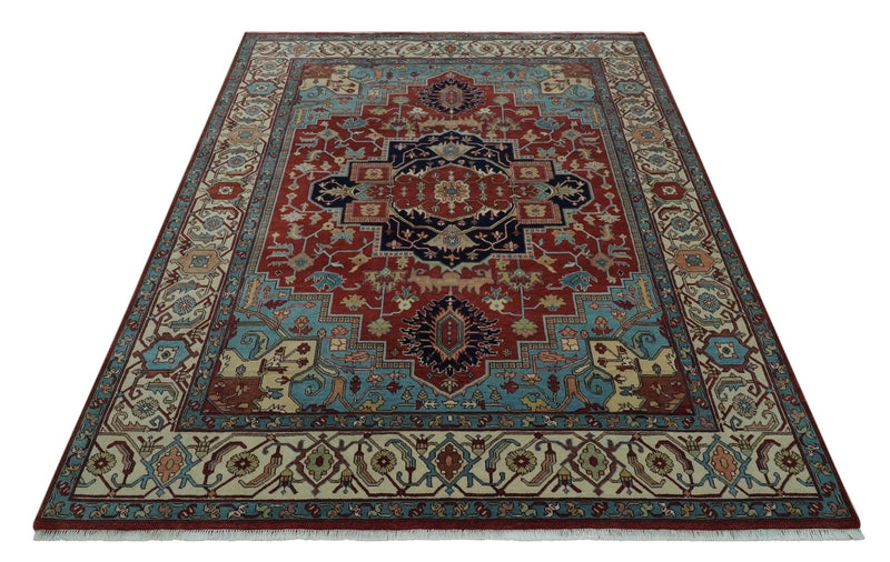 Antique look Rust, Aqua and Ivory Traditional Heriz 9x12 Hand Knotted wool area rug - The Rug Decor