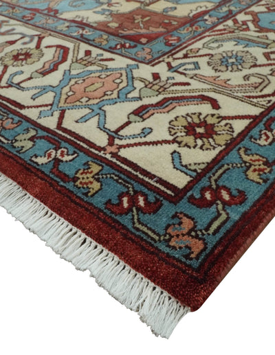 Antique look Rust, Aqua and Ivory Traditional Heriz 9x12 Hand Knotted wool area rug - The Rug Decor