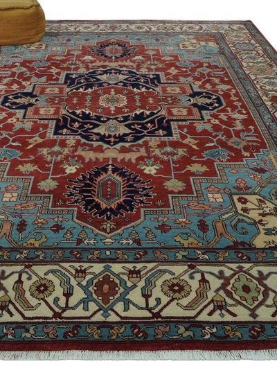 Antique look Rust, Aqua and Ivory Traditional Heriz 9x12 Hand Knotted wool area rug - The Rug Decor