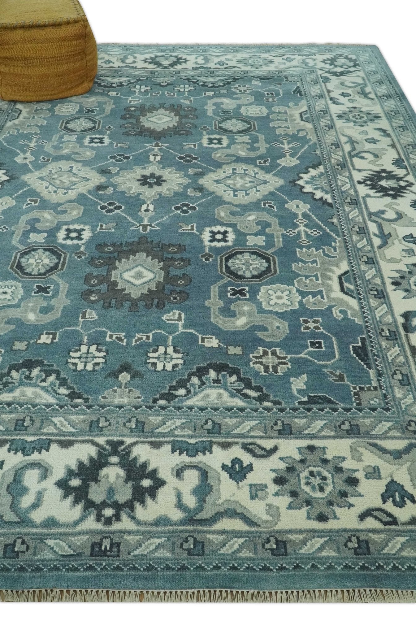 Antique look Shades of Teal and Ivory Traditional Oriental Oushak wool rug - The Rug Decor