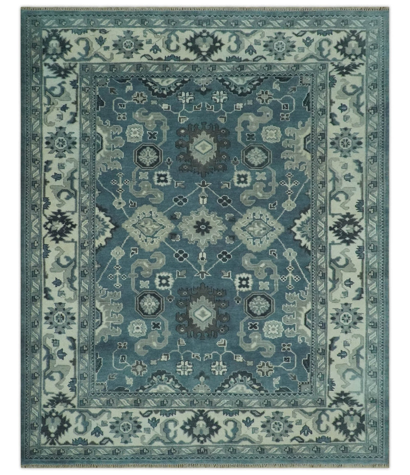 Antique look Shades of Teal and Ivory Traditional Oriental Oushak wool rug - The Rug Decor