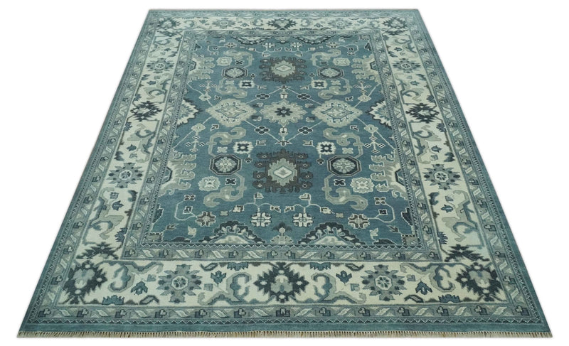 Antique look Shades of Teal and Ivory Traditional Oriental Oushak wool rug - The Rug Decor