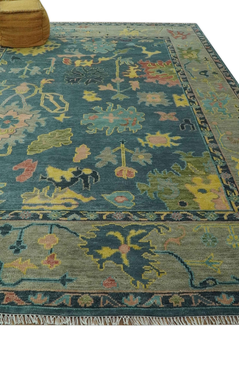 Antique look Teal and Olive 9x12 Hand Knotted Traditional Oushak wool rug - The Rug Decor