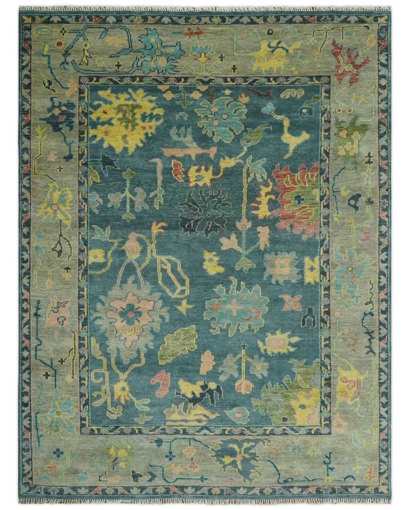 Antique look Teal and Olive 9x12 Hand Knotted Traditional Oushak wool rug - The Rug Decor