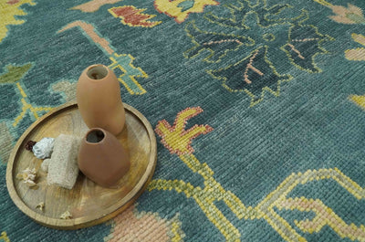 Antique look Teal and Olive Hand Knotted Traditional Oushak Custom Made wool rug - The Rug Decor