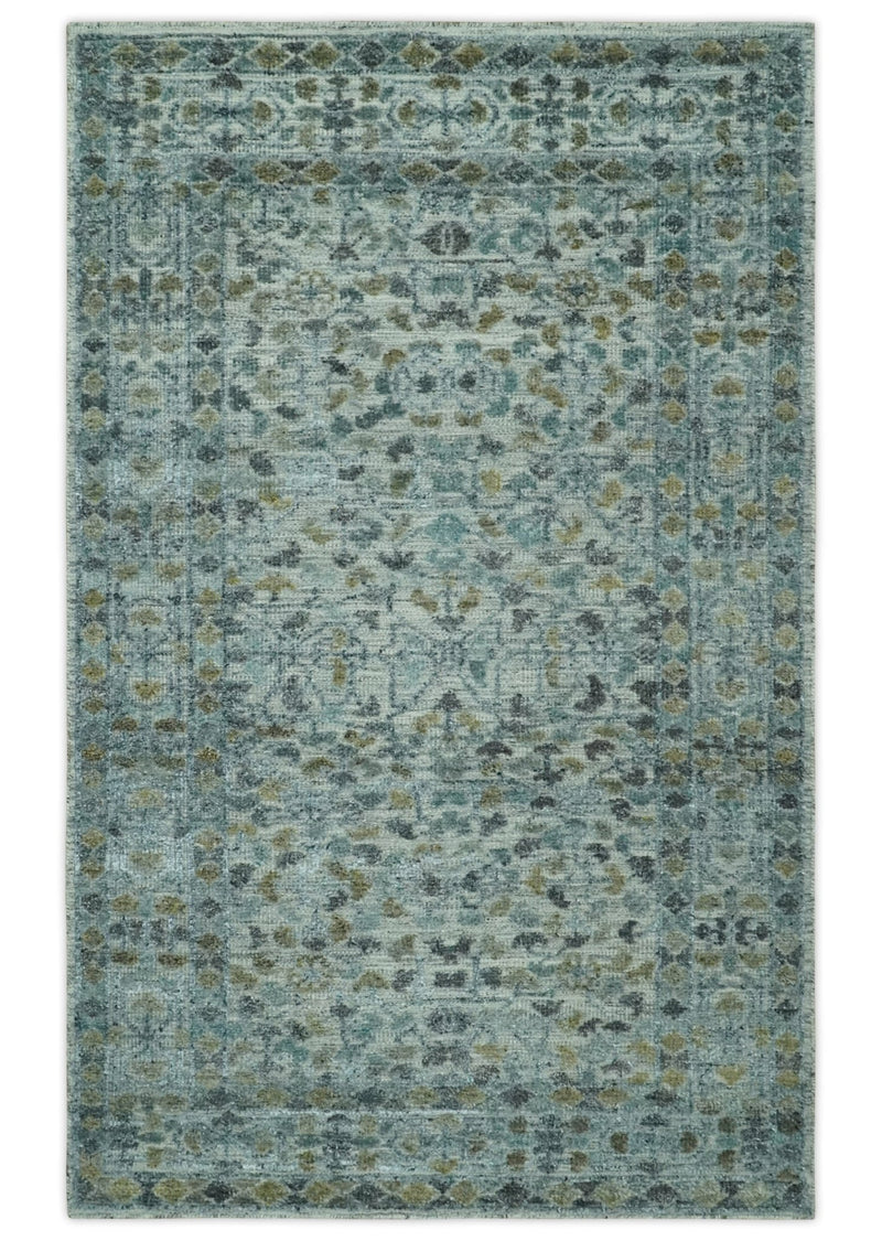 Antique look Traditional Floral 5x8 Ivory, Teal, Olive and Charcoal Carved Texture wool rug - The Rug Decor