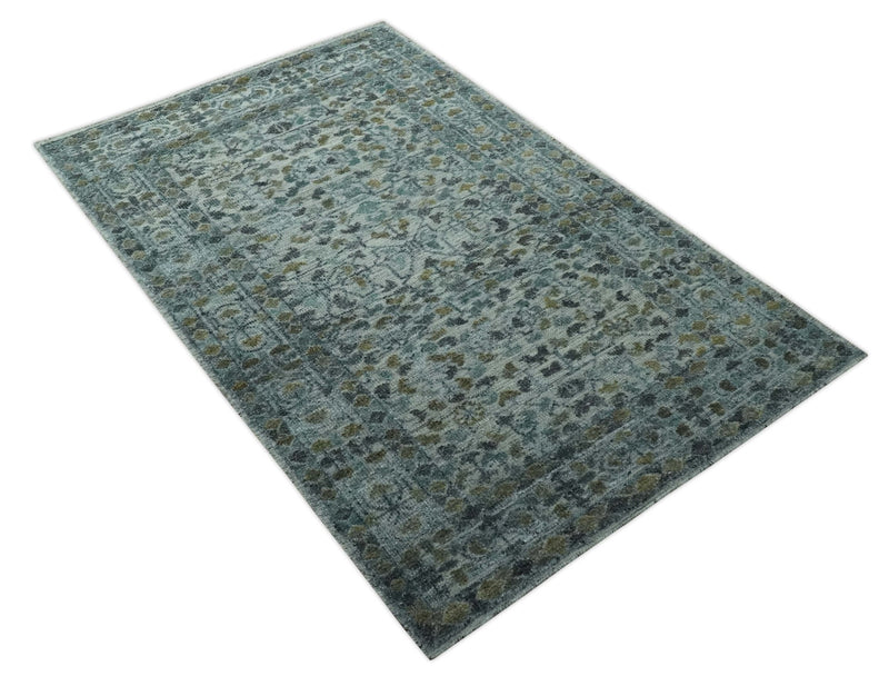 Antique look Traditional Floral 5x8 Ivory, Teal, Olive and Charcoal Carved Texture wool rug - The Rug Decor