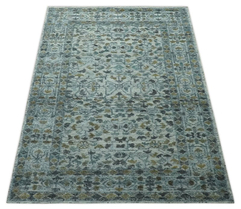 Antique look Traditional Floral 5x8 Ivory, Teal, Olive and Charcoal Carved Texture wool rug - The Rug Decor